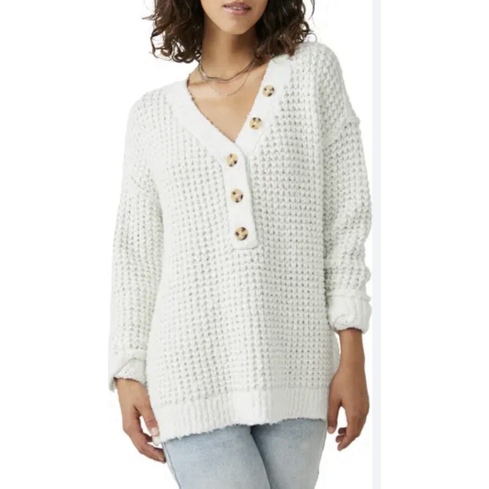 Free People Women Size L Whistle Thermal Henley Top In White Cloud Wool Cotton